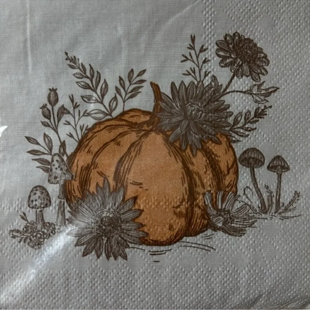 Punch Studio 40 Fall Harvest Pumpkin Square 3-ply Beige Brown Beverage Napkins